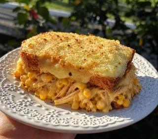 Croque Caipira - sanduíche artesanal gratinado com frango desfiado, milho cremoso e molho béchamel